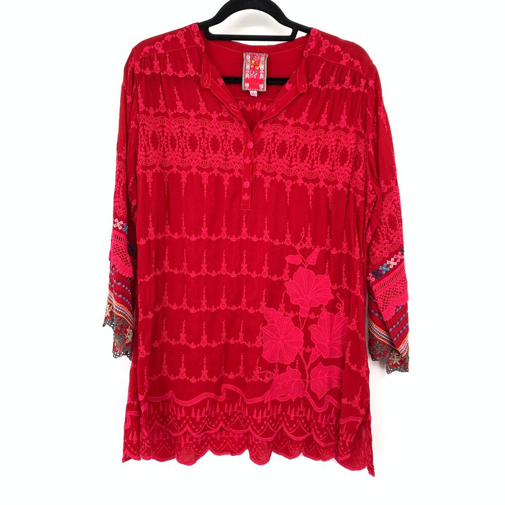 Johnny Was Mayu Wild Cherry Red Tunic Popover Blouse Womens Sz Large Embroidered
